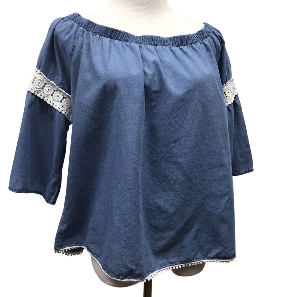 Joes Collection Top Womens Large Blue Chambray White Detailed Hemline